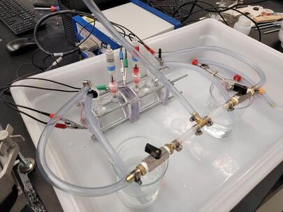 Experimental setup with two flat cells joined together with a sample in between.